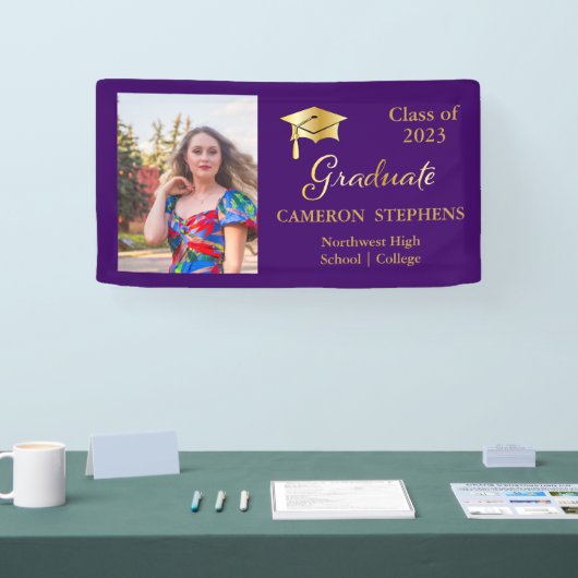 Elegant Gold Tone op Paarse Afstuderen fotobanner Spandoek (Beurs)