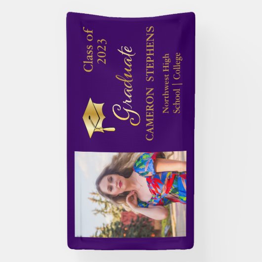 Elegant Gold Tone op Paarse Afstuderen fotobanner Spandoek (Verticaal)