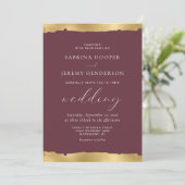 Elegant Gold Torn Edge Burgundy Wedding Kaart (Staand voorkant)