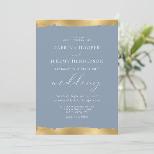 Elegant Gold Torn Edge Dusty Blue Wedding Kaart (Staand voorkant)