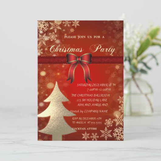 Elegant Gold Tree, Bow Corporate Kerstparty Kaart (Staand voorkant)