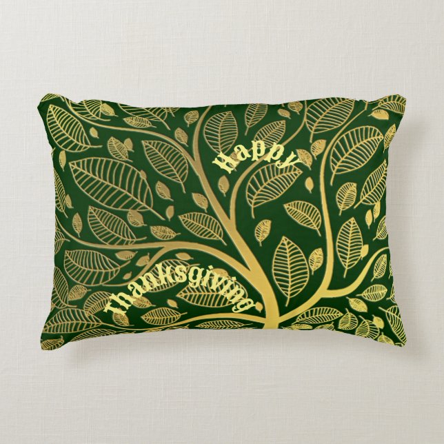 Elegant Gold Tree of Life Green Happy Thanksgiving Accent Kussen (Voorkant)