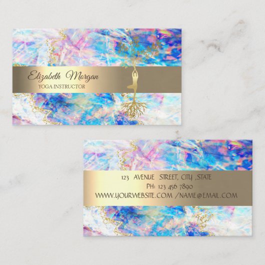Elegant Gold Tree Yoga Instructor Opal Holographic Visitekaartje (Voorkant / Achterkant)