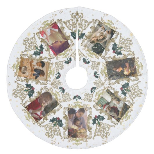 Elegant Gold Trim-serie kerstfoto's collage Fleece Kerstboom Rok (Voorkant)
