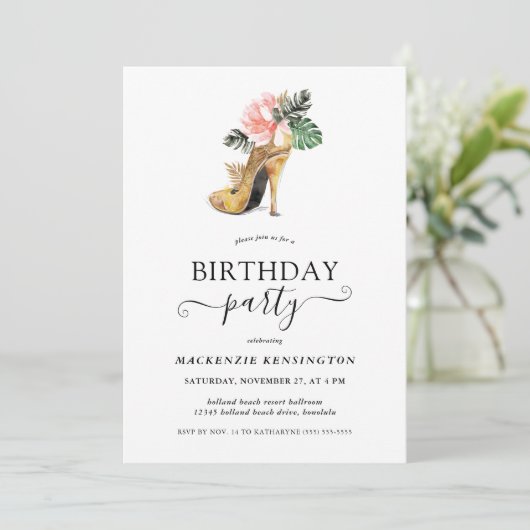 Elegant Gold Tropical Floral Gold Heels Birthday Kaart (Staand voorkant)