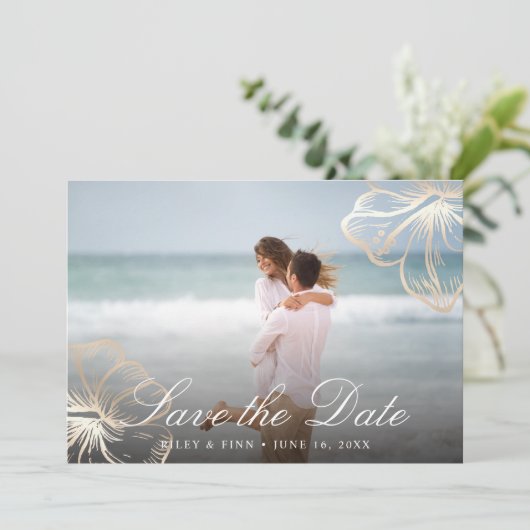 Elegant Gold Tropical Hibiscus Floral Foto Save The Date (Staand voorkant)