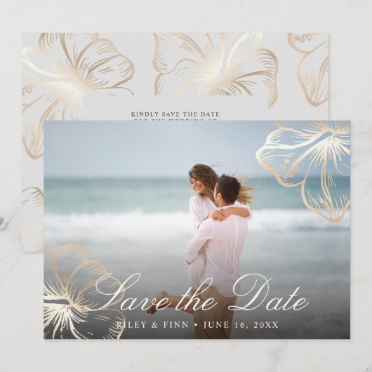 Elegant Gold Tropical Hibiscus Floral Foto Save The Date (Voorkant / Achterkant)