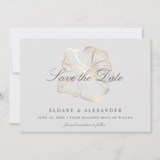 Elegant Gold Tropical Hibiscus Flower Wedding Save The Date (Voorkant)