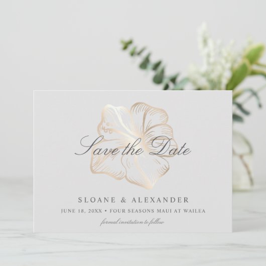 Elegant Gold Tropical Hibiscus Flower Wedding Save The Date (Staand voorkant)