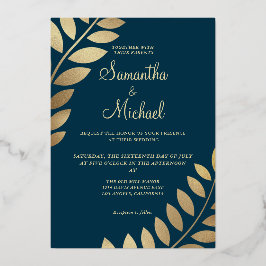 Elegant Gold Tropical Leaves Photo Wedding Real Folie Uitnodiging