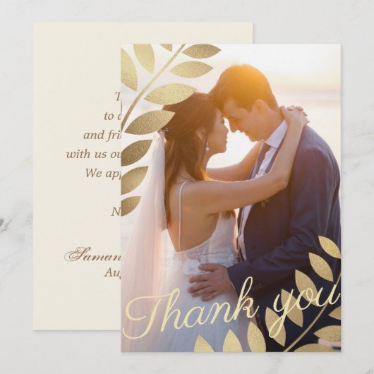 Elegant Gold Tropical Leaves Photo Weduwen Bedankkaart (Voorkant / Achterkant)