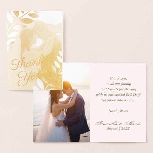 Elegant Gold Tropical Leaves Wedding Bedankt Foto Folie Kaarten (Display)