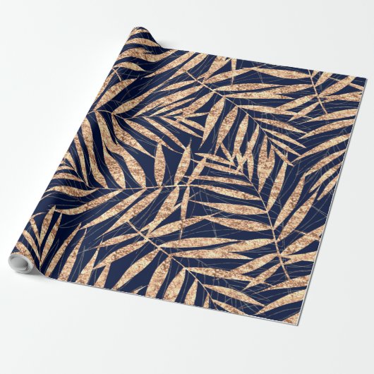 Elegant Gold Tropical Palm blauw design Cadeaupapier (Uitgerold)