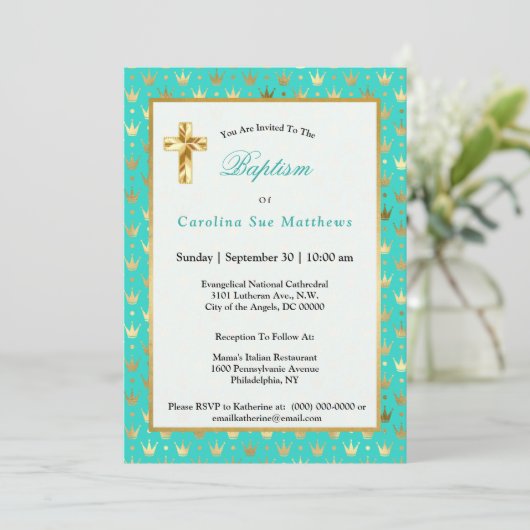 Elegant Gold Turquoise Crown Baptisme Kaart (Staand voorkant)