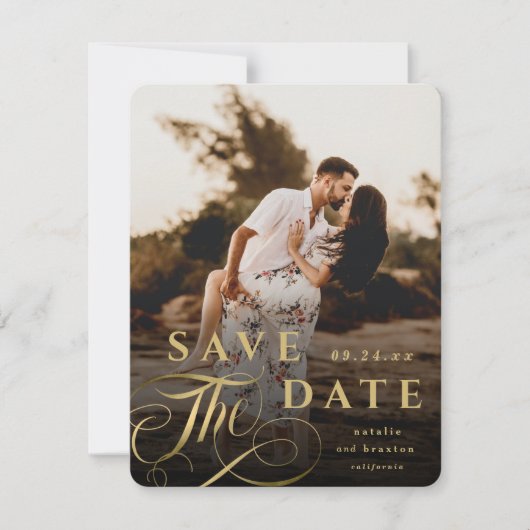 Elegant Gold Typografie met Marble Back Photo Save The Date (Voorkant)
