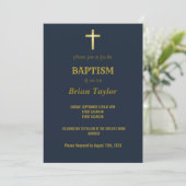 Elegant Gold Typography Cross Baptism on Navy Blue Kaart (Staand voorkant)