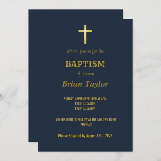 Elegant Gold Typography Cross Baptism on Navy Blue Kaart (Voorkant / Achterkant)