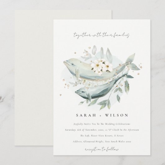Elegant Gold Underwater Floral Fish Wedding Invite Bedankkaart (Voorkant / Achterkant)