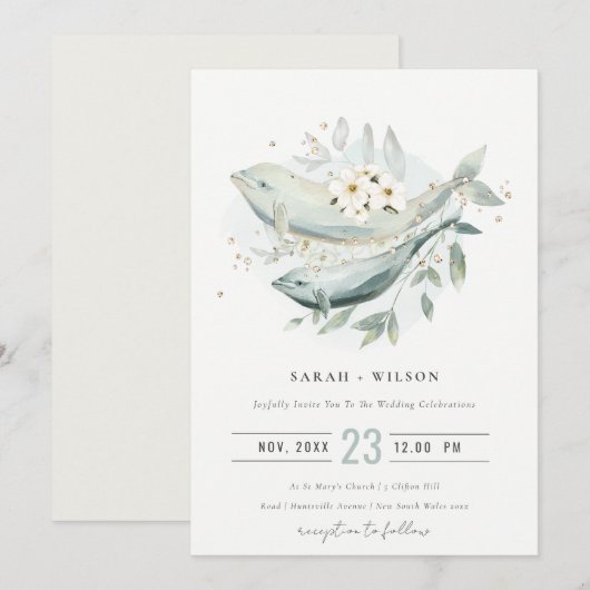 Elegant Gold Underwater Floral Fish Wedding Invite Bedankkaart (Voorkant / Achterkant)