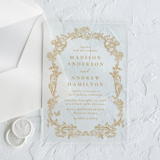Elegant Gold Victorian Floral Frame Wedding Acryl Uitnodigingen