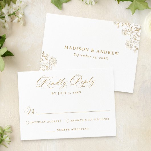 Elegant Gold Victorian Floral Wedding RSVP Kaartje