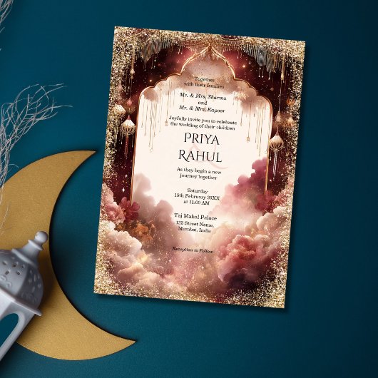 Elegant Gold Vintage Maroon Indian Wedding Kaart