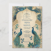 Elegant Gold Vintage Peacocks Indian Wedding Kaart (Voorkant)