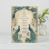 Elegant Gold Vintage Peacocks Indian Wedding Kaart (Staand voorkant)