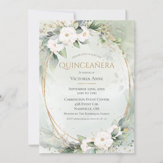 Elegant Gold Waterverf Green Quinceañera Kaart (Voorkant)