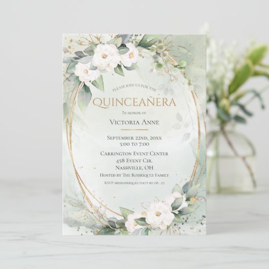 Elegant Gold Waterverf Green Quinceañera Kaart (Staand voorkant)
