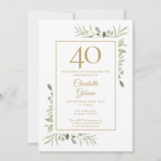 Elegant Gold Waterverf Greenery 40e verjaardag Kaart (Voorkant)