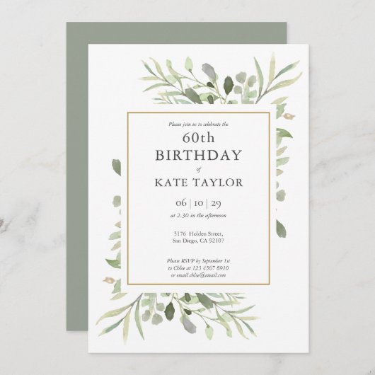 Elegant Gold Waterverf Greenery 60th Birthday Kaart (Voorkant / Achterkant)