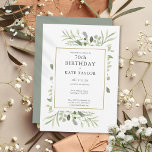 Elegant Gold Waterverf Greenery 70th Birthday Kaart<br><div class="desc">Deze schitterende 70e verjaardagsuitnodiging met delicate bladeren van de waterverf kan worden gepersonaliseerd met speciale verjaardagsinformatie,  met een zilveren achtergrond aan de achterzijde. Ontworpen door: Thisnotme©</div>