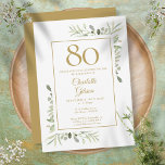 Elegant Gold Waterverf Greenery 80th Birthday Kaart<br><div class="desc">Deze schitterende 80e verjaardagsuitnodiging,  voorzien van delicate bladeren van de waterverf,  kan gepersonaliseerd worden met je speciale verjaardagsfeestinformatie,  met een gouden achtergrond aan de achterkant. Ontworpen door: Thisnotme©</div>