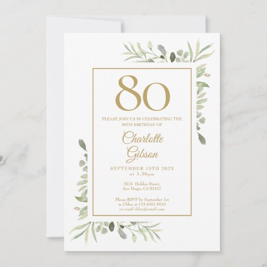 Elegant Gold Waterverf Greenery 80th Birthday Kaart (Voorkant)