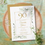 Elegant Gold Waterverf Greenery 90th Birthday Kaart<br><div class="desc">Met delicate bladeren van de waterverf kan deze schitterende uitnodiging voor de 90ste verjaardag worden gepersonaliseerd met speciale informatie over de viering van de verjaardag,  met een gouden achtergrond aan de achterzijde. Ontworpen door: Thisnotme©</div>