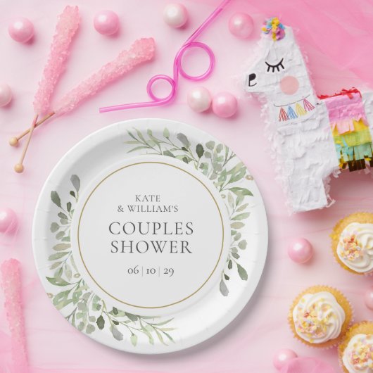 Elegant Gold Waterverf Greenery Couples Shower Papieren Bordje (Feest)