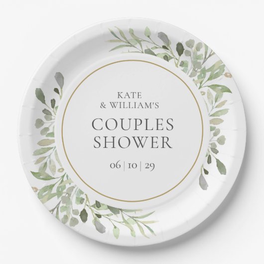 Elegant Gold Waterverf Greenery Couples Shower Papieren Bordje (Voorkant)