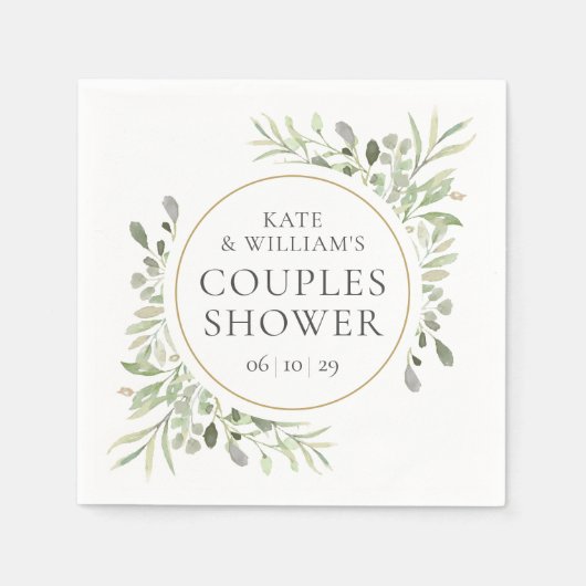 Elegant Gold Waterverf Greenery Couples Shower Servet (Voorkant)