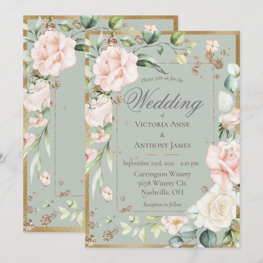 Elegant Gold Waterverf Romantic Floral Wedding Kaart (Voorkant / Achterkant)