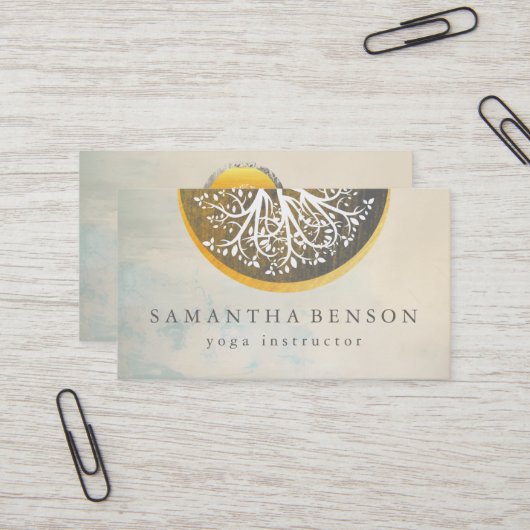 Elegant Gold Waterverf Tree Yoga en Meditation B Visitekaartje (Voorkant / Achterkant in situ)
