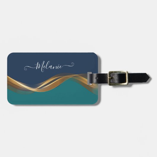 Elegant Gold Wave Blauw Blauwgroen Bagagelabel (Voorkant horizontaal)