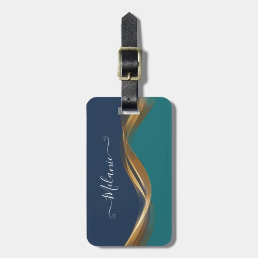 Elegant Gold Wave Blauw Blauwgroen Bagagelabel (Voorkant verticaal)