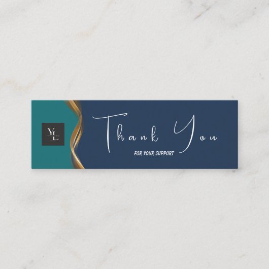 Elegant Gold Wave Blauw & Blauwgroen Logo Dank u k Mini Visitekaartje (Voorkant)