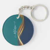 Elegant Gold Wave Blauw Blauwgroen Sleutelhanger (Achterkant)