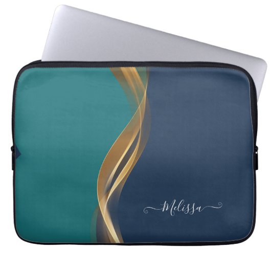 Elegant Gold Wave Blue Blauwgroen Electronics Bag Laptop Sleeve (Voorkant)