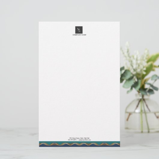 Elegant Gold Wave Blue Blauwgroen Logo Business Briefpapier (Staand voorkant)