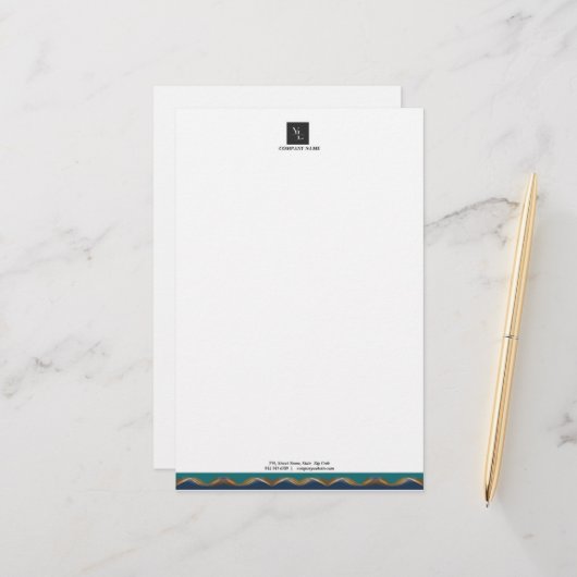 Elegant Gold Wave Blue Blauwgroen Logo Business Briefpapier (Voorkant / Achterkant in situ)