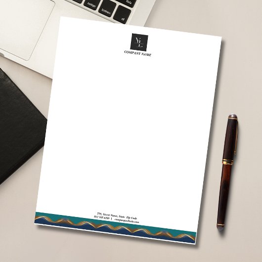 Elegant Gold Wave Blue Blauwgroen Logo Business Notitieblok