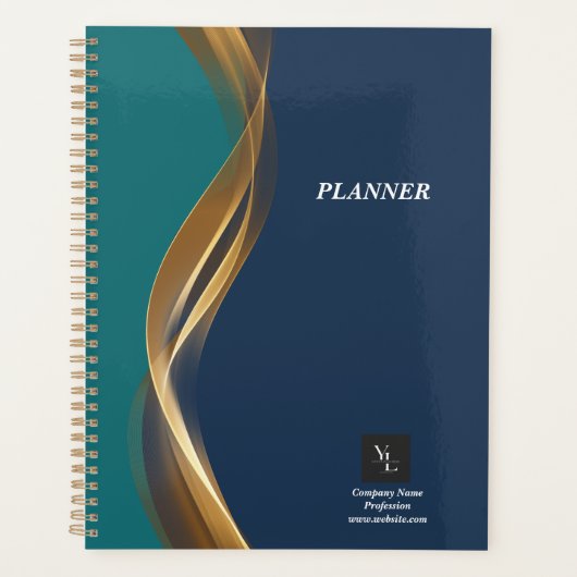 Elegant Gold Wave Blue Blauwgroen met Business Log Planner (Voorkant)